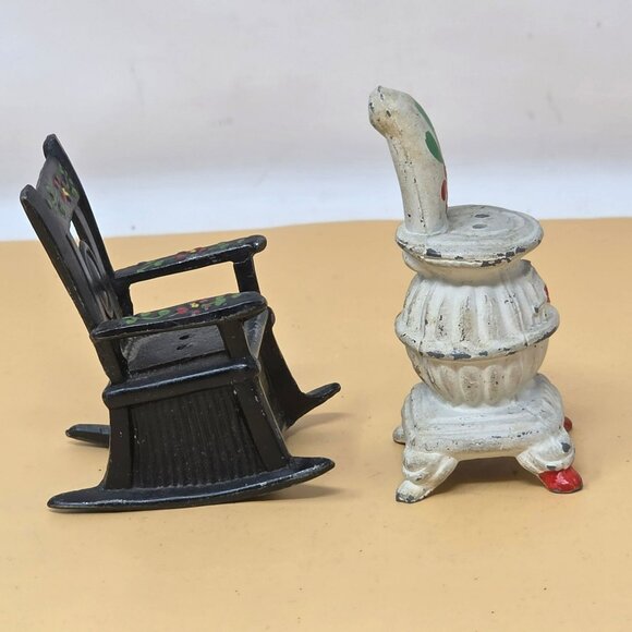 Vintage Cast Iron Miniature Rocking Chair & Stove Set With Floral Accents - Picture 4 of 11